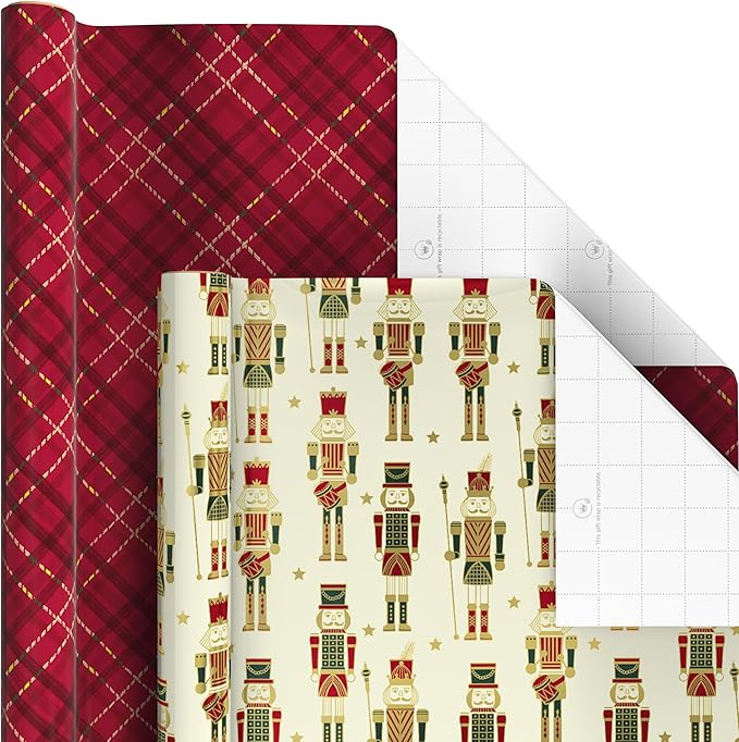 Hallmark Christmas Wrapping Paper Rolls with Cutlines on Reverse (6 Rolls: 150 Sq. Ft. Total) Santa Claus, Nutcrackers, Plaid, Snowflakes, Ornaments