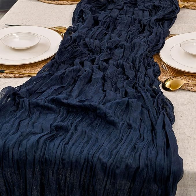 12 Pack Boho Gauze Cheesecloth Long Rustic Sheer Table Runner for Wedding Bridal Baby Shower Birthday Party Cake Table Arbor Decorations (Navy Blue)