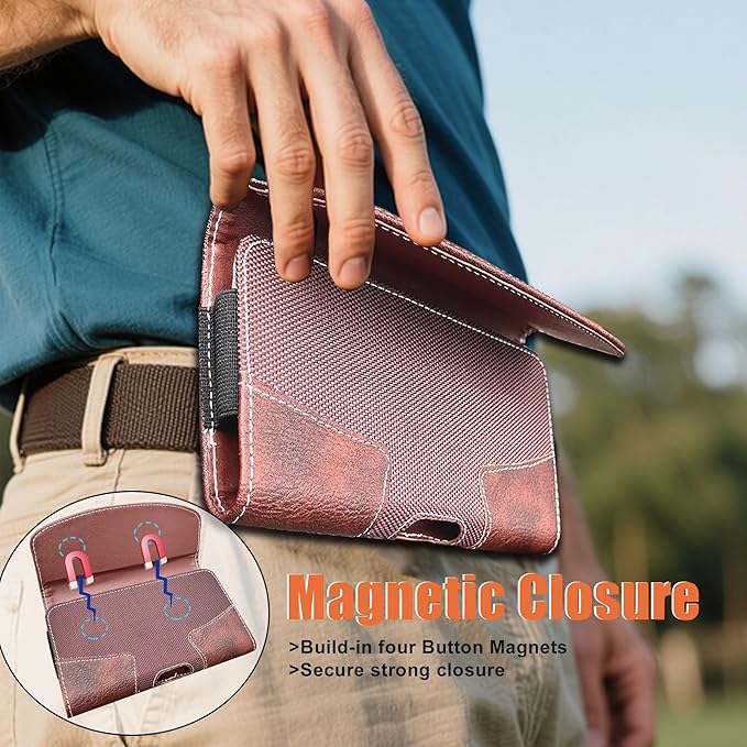Leather Phone Holster for Men with Belt Clip, Cell Phone Holder for iPhone 17/16/15/14/13/12/Pro Max & Plus,Galaxy S25/24/23 Ultra & Plus,S24 FE,Belt Pouch Case Magnetic Closure (Brown-XL)