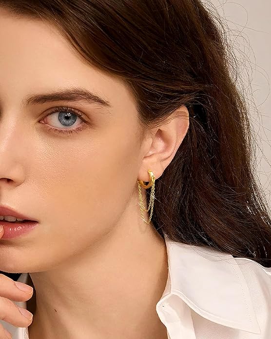 Tassel Chain Small Gold Hoop Dangle Earring For Women Huggie Earring Heart Star CZ 14K Gold Plated Fashion Jewelry Friendship Gift