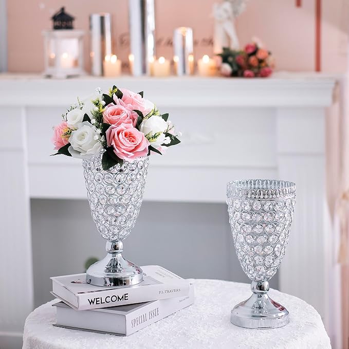 Crystal Trumpet Floral Vase -2 Pcs Centerpieces for Wedding Table, 10.6 Inch Wrought Iron Crystal Vase, Flower Vases for Party Dinner Centerpiece Event, Anniversary Ceremony Birthday Home Decoration