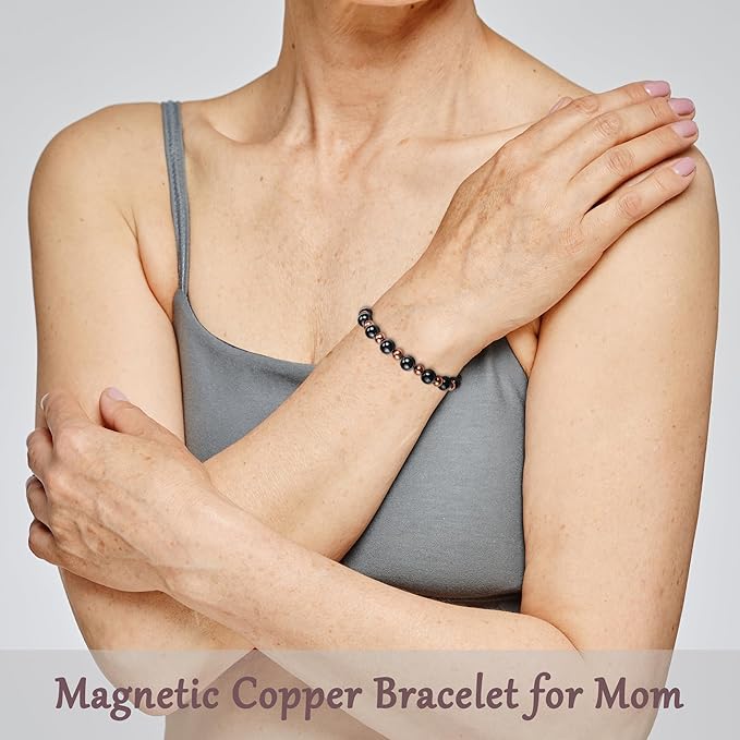 Mom Bracelet as Valentines Day Gifts for Mom, Copper Bracelet for Elderly, Dainty Copper Jewelry with 3800 Gauss Magnets, Stretch Bead Braclet Elderly Gifts Valentine Presents