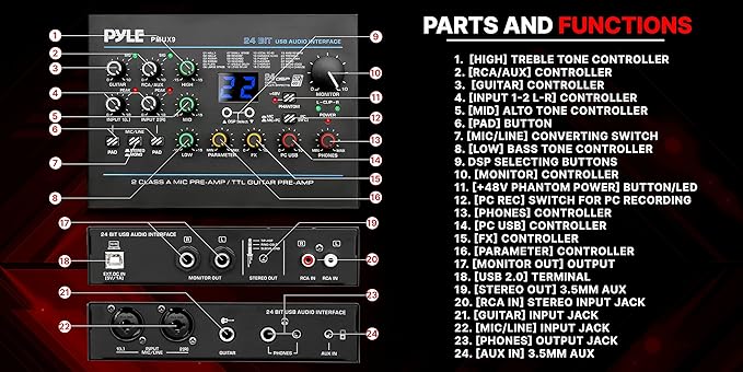 Pyle USB Audio Interface - MIC/LINE - Guitar - AUX Stereo & RCA Inputs - Preset 24 Digital Effects - Phantom Power - Phone/Stereo/Monitor/Headphone Outputs - For Computer Playing & Recording - PMUX9