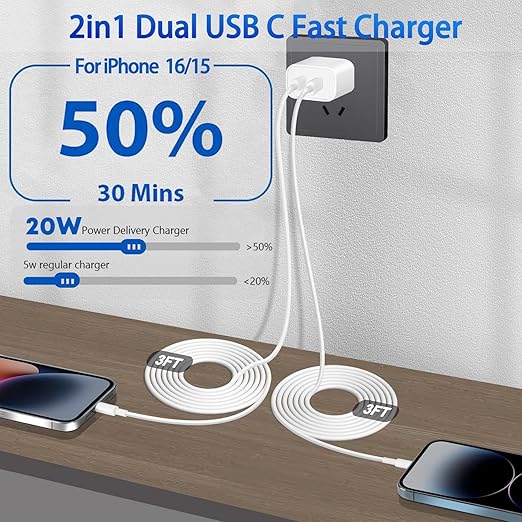 iPhone 16 Chargers,2Pack Dual USB C Port Fast Wall Chargers Block with 3FT USB C to C Charger Fast Charging Cable Cord for iPhone 16e/16 Pro Max/16 Pro/16 Plus/15 Pro Max/15 Pro/15/iPad Pro/Air/Mini