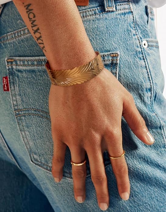 PERNNLA PEARL Dainty Gold Bar Bracelet for Women Simple Delicate Thin Cuff Bangle Hook Bracelet 18K Gold Plated Handmade Minimalist Jewelry