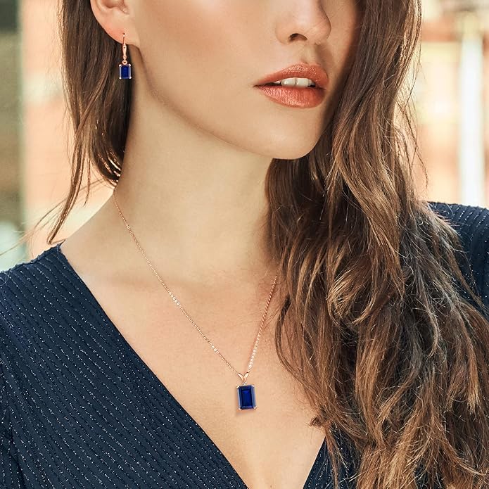 Gem Stone King 9-13 Cttw Pendant and Earrings Jewelry Set For Women | Emerald Cut 14X10MM and 8X6MM | Round 1.5MM | Gemstone Birthstone and Diamond | 925 Sterling Silver | 18 Inch Silver Chain