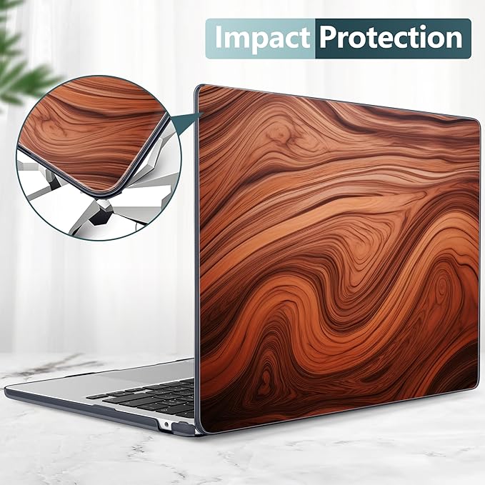 TWOLSKOO Compatible with M4 MacBook Air 15 inch Case 2025-2023 Released Model M4 A3241 M3 A3114 M2 A2941, Plastic Hard Shell & Screen Protector & Keyboard Cover & Type C Adapter, Wood Grain