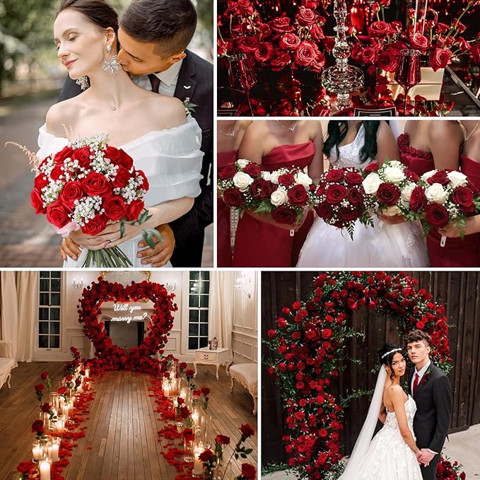 Tifuly 50pcs Red Roses in Bulk, Realistic Long Stem Fake Silk Roses Bouquet for Wedding Centerpiece Table Party Home Kitchen Decor