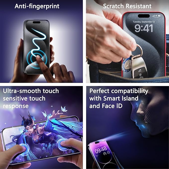 2 Pack Privacy Screen Protector for iPhone 16 Pro Max, 9H Tempered Glass, Full Coverage, Anti-Fingerprint, Auto Dust-Elimination, No Bubble, Easy Installation