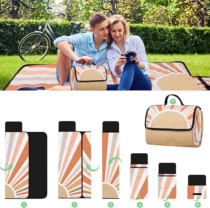 Picnic Blankets Waterproof,79''x79'' Extra Large Foldable Sandproof Beach Blanket,Portable 3-Layer Polyester Outdoor Picnic Blanket for Grass Lawn,Beach,Family Camping,Park,Travel-Starburst Orange