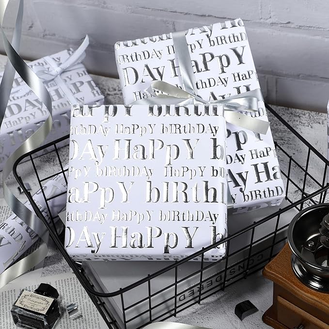 WRAPAHOLIC Jumbo 3D Kraft Birthday Wrapping Paper Roll - 30 Inch x 16.5 Feet - Silver and White Happy Birthday Wrapping Paper with Embossed Perfect for Holiday, Party Celebration