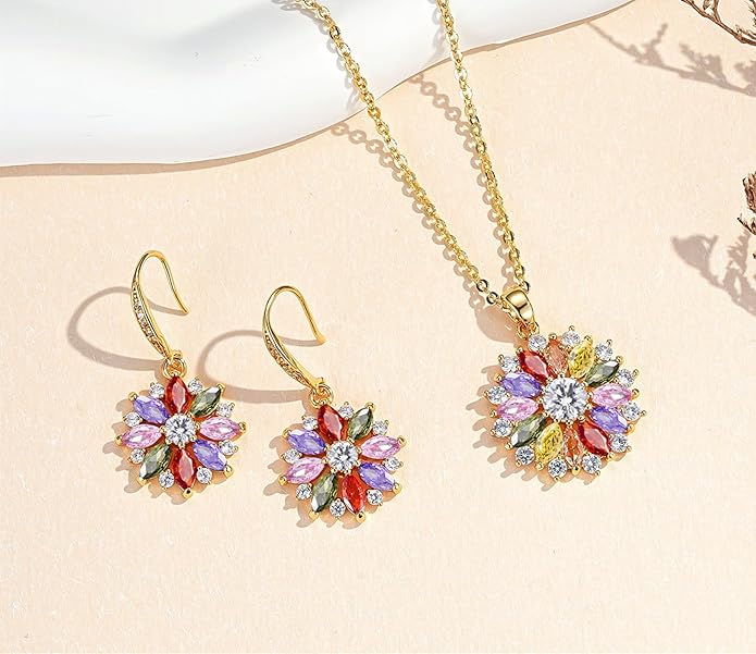 VONSSY Colorful Snowflake Pendant Necklace Earrings Rose Gold 5A Cubic Zirconia | Crystal Sweater Chain | Multi Gemstone Garnet Amethyst Morganite Peridot Prom Rhinestone Necklaces for Women Vintage Stylish Gift