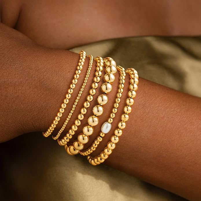 Gold Bead Bracelets for Women Girls - 14K Gold Plated Dainty Round Bead Ball Pearl Cross Bracelet Stack for Women Teenage Girls Stackable Jewelry Christmas Gifts