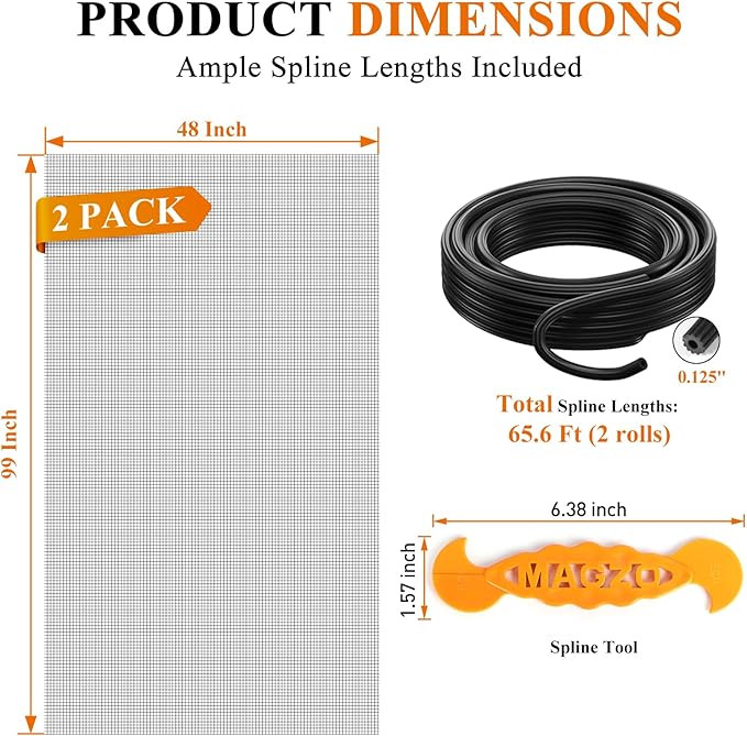 2PACK MAGZO Window&Door Screen Replacement Kit, 48''W x 99''L, with Retainer Spline (Total 65.6 FT) and Press-Fit Roller Tool, Polyester Scratch-Proof, Net Roll Repair for Sliding/House Windows, Black