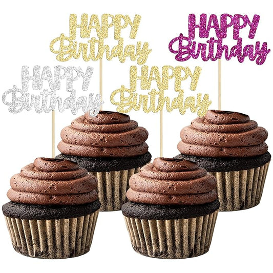 Gyufise 24Pcs Happy Birthday Cupcake Toppers Glitter Birthday Cupcake Food Picks for Celebrating Hunter Theme Party Cake Decorations Supplies Purple Gold Silver