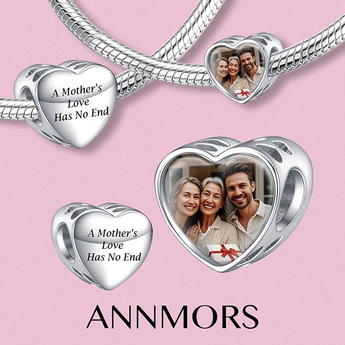 Annmors Personalized Photo Charms For Bracelets/Necklace 925 Sterling Silver Love Heart Shaped Engraved Customize Picture Gift for Birthday Mother's Day,Bead Charms Jewelry for Women