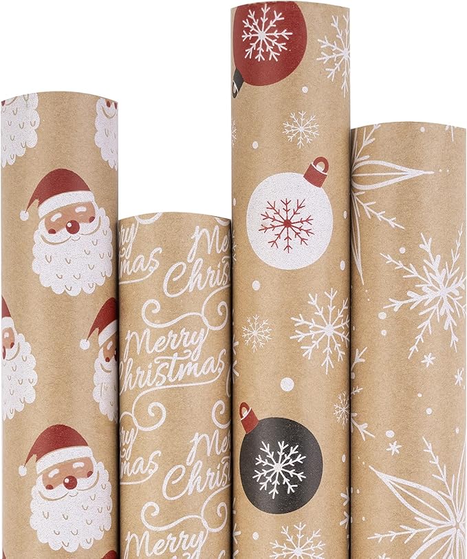 RUSPEPA Christmas Wrapping Paper, Kraft Paper - Santa Claus, Snowflake, Christmas Ball and Merry Christmas - 4 Rolls - 30 inches x 10 feet per Roll