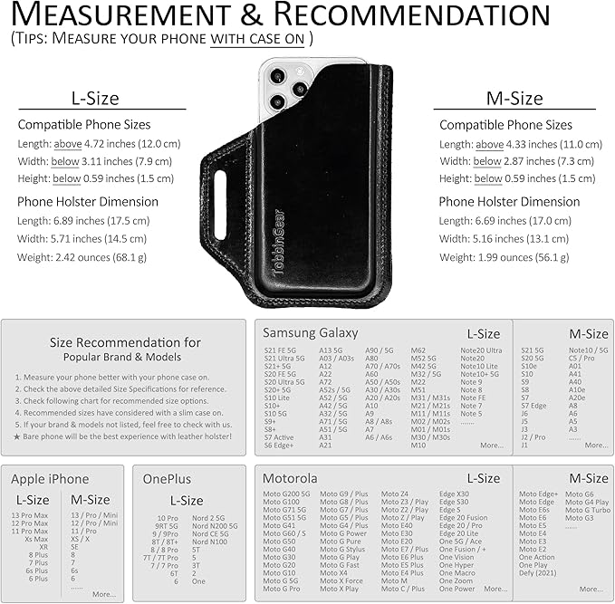 TobbinGear Leather Belt Phone Pouch, Leather Cell Phone Holster, Universal Phone Case with Belt Loops, for Men and Women Large Black