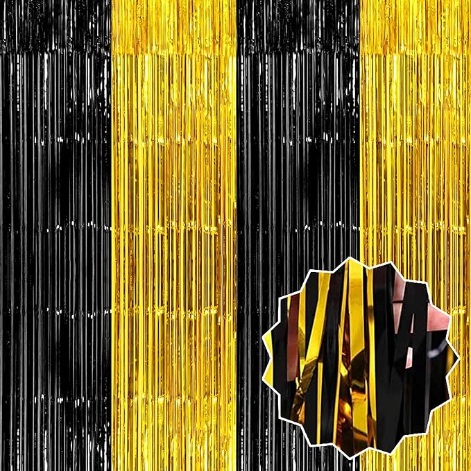 3 Pack Black and Gold Foil Fringe Curtains Backdrop, 3.28 x 8.2 Ft Metallic Streamers Tinsel Curtains Background for Photo Booth, Birthday, Halloween, Christmas, New Year Party Decorations
