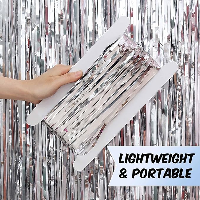 3 Pack Silver Foil Fringe Curtains Backdrop, 3.28 x 8.2 Ft Metallic Streamers Tinsel Curtains Background for Photo Booth, Birthday, Halloween, Christmas, Thanksgiving, New Year Party Decorations