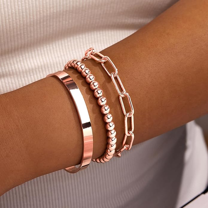 Gold Bracelets Set for Women Non Tarnish, 14K Gold Plated Sterling Silver Chunky Cuff Bracelet Stackable Gold Bangles Bracelet for Women Trendy Fashion Accessories Tie Knot Cuban Rope Paperclip Beaded Bracelet Stack Jewelry Valentines Day Gifts