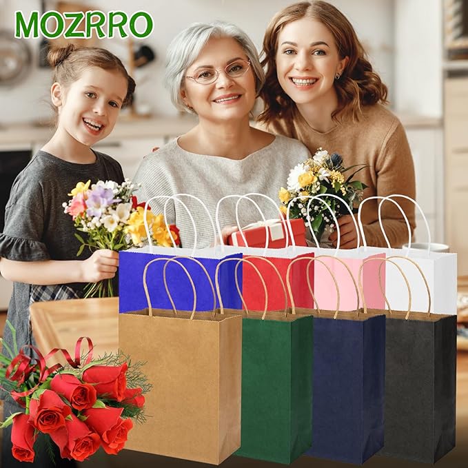 MOZRRO Gift Bags, 100 Pack 10.5x8.5x4.5 Inch, Paper Bags with Handles, Medium Size, Brown Gift Bag for Birthday, Wedding, Bulk, Party, Lunch, Goodie