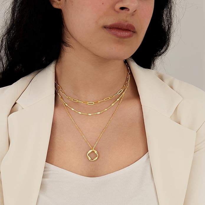 Layered Gold Necklaces for Women, Stackable Dainty 14K Gold Silver Plated Trendy Simple Heart Diamond Cross Bow Circle Pendant Paperclip Choker Dot Chain Necklace,Jewelry Set Gifts for Women