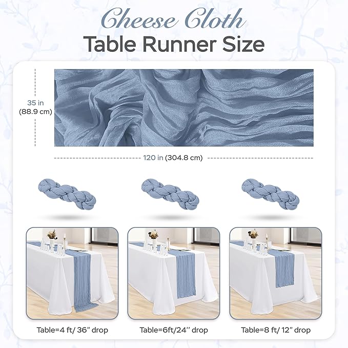 Cheesecloth Table Runner 6 Pack – 35x120 Inch (10ft) Boho Rustic Gauze Cloth Runners – Crinkle Polyester Table Decor for Wedding, Baby Shower, Bridal Shower, Birthday Party and More (Dusty Blue)