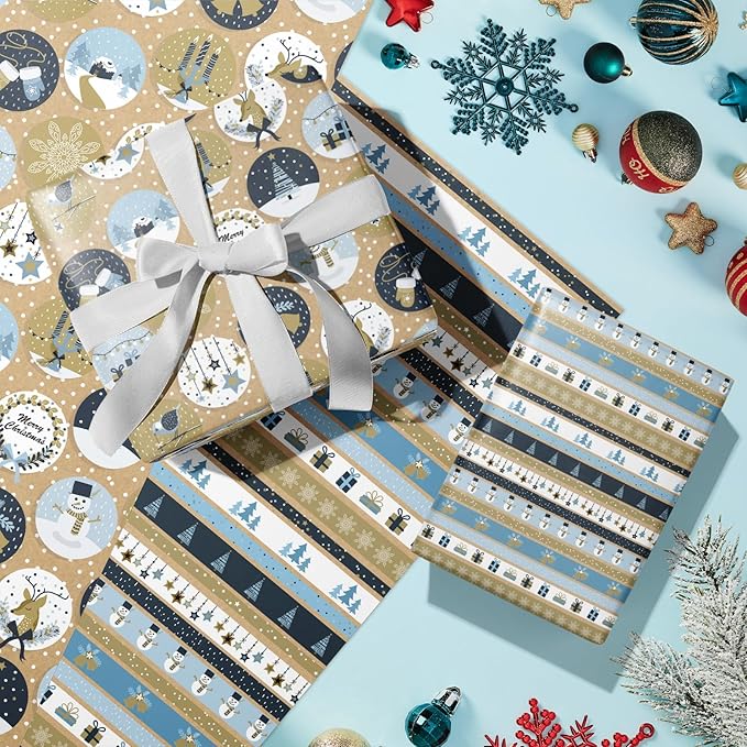 RUSPEPA Christmas Kraft Wrapping Paper Roll - Mini Roll - 17 inches x 10 feet per Roll, Total of 3 Rolls - Blue Snowman and Snowflake