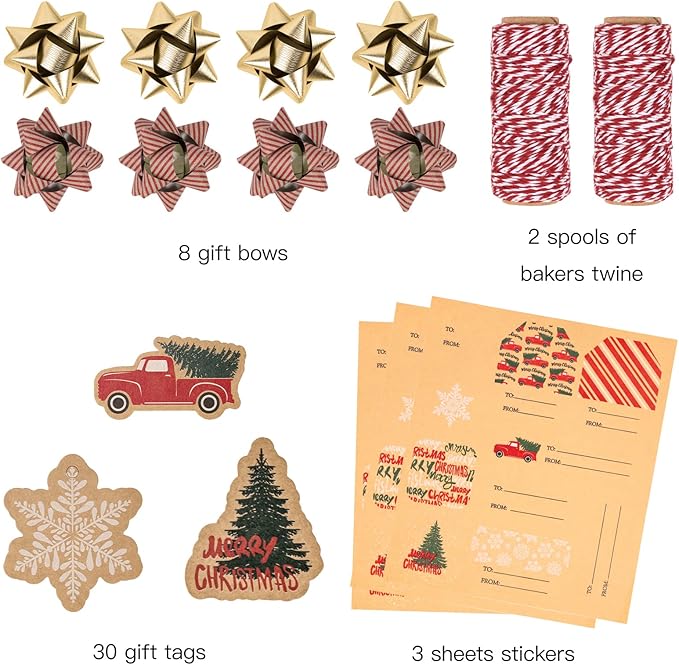 RUSPEPA Christmas Wrapping Paper Set - 4 Rolls of Kraft Wrapping Paper (30 Inches x 10 Feet Per Roll) with 8 Gift Bows, 1 Spools of Bakers Twine, Jute String, 30 Stickers and 30 Gift Tags - Red