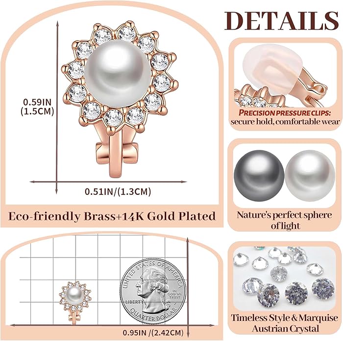 EVEVIC Austrian Crystal Pearl Clip On Earrings for Women Non Pierced Earings 14K Gold Plated Hypoallergenic Jewelry