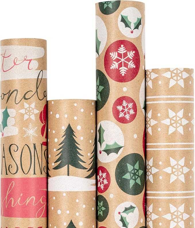 RUSPEPA Christmas Wrapping Paper, Kraft Paper - Christmas Tree, Snowflake and Seasonal Brocade Style Designs - 4 Rolls - 30 inches x 10 feet per Roll