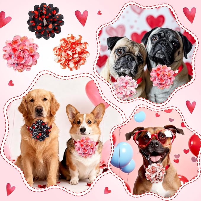 Lyrow 100 Pcs Valentines Day Dog Collar Flowers Bulk Dog Charms Grooming Accessories Pink and Red Heart Bow Tie Flower for Puppy Cat Pets Collar Attachment Embellishment Sweet Party Costume