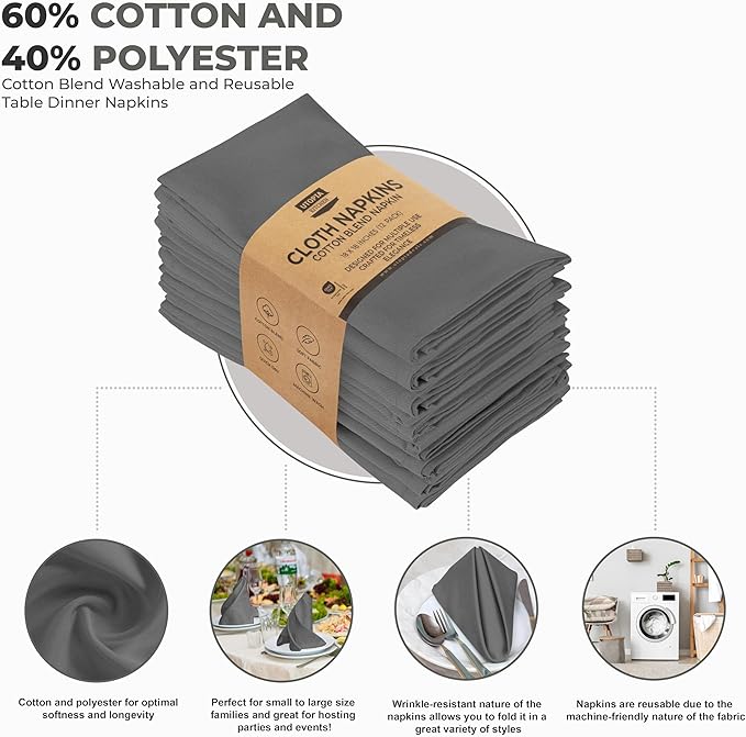 Utopia Kitchen Steel Grey Cloth Napkins [12 Pack, 18x18 Inch] Absorbent Cotton Blend Washable and Reusable for Dinner, Restaurant, Lunch, Wedding and Hotel