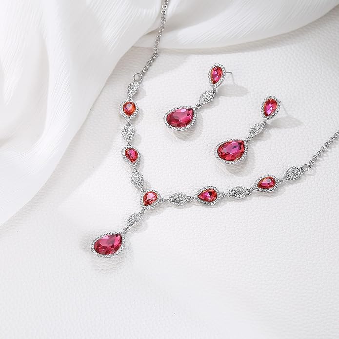 EleQueen Women's Cubic Zirconia Teardrop Y-Necklaces Dangle Earrings Jewelry Sets for Brides Bridesmaids