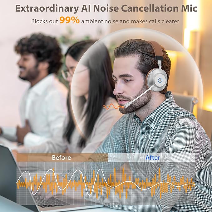Earbay Wireless Headset with Mic for Work, Bluetooth Headset with Noise Cancelling Mic, V5.3 Lightweight Wireless Headphones with USB Dongle, Charging Base & Mic Mute for PC/Laptop/Phones/Call Center