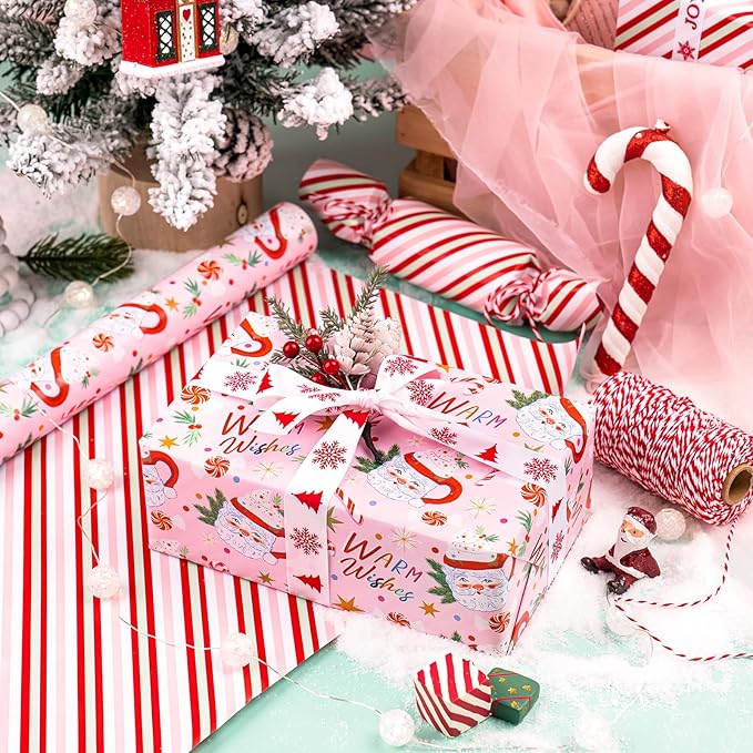 WRAPAHOLIC 30 Inch Jumbo Reversible Christmas Wrapping Paper - 30 Inch x 100 Feet Jumbo Roll Santa Claus Cup and Stripe Wrapping Paper for Chrsitmas, Holiday, Party Celebration