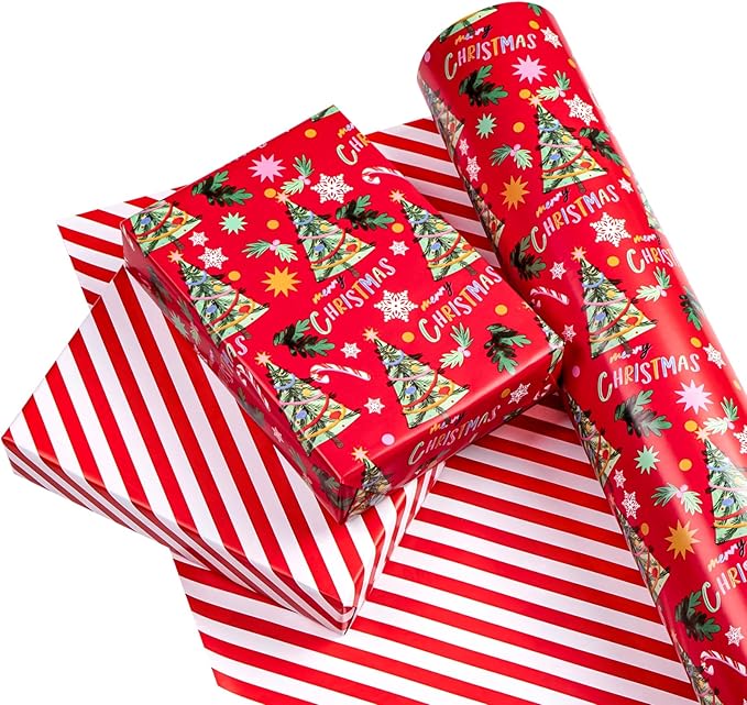 WRAPAHOLIC 30 Inch Jumbo Reversible Christmas Wrapping Paper - 30 Inch x 100 Feet Jumbo Roll Red Christmas Tree Wrapping Paper and Stripe Design for Holiday, Party Celebration