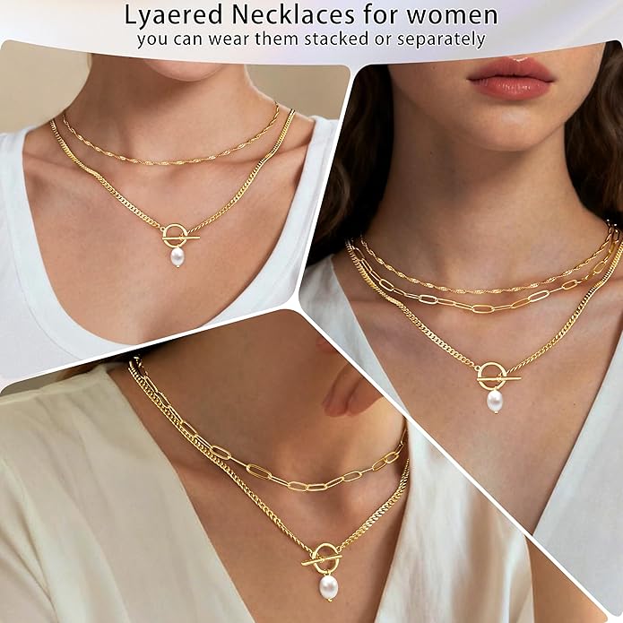 Layered Gold Necklaces for Women, Stackable Dainty 14K Gold Silver Plated Trendy Simple Heart Diamond Cross Bow Circle Pendant Paperclip Choker Dot Chain Necklace,Jewelry Set Gifts for Women