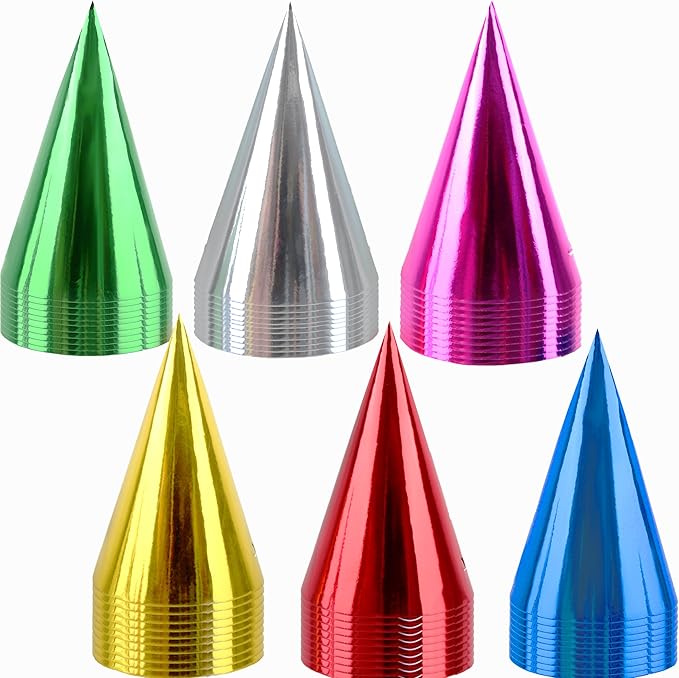 60 Pieces Paper Cone Party Hats Colorful Metallic Foil Birthday Cone Hats for Kids Adults Birthday New Year Party Supplies, 6 Colors
