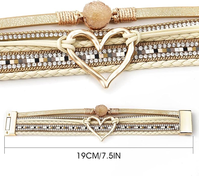 Suyi Multilayer Leather Wrap Bracelet Heart-Shape Wide Cuff Bracelets for Women