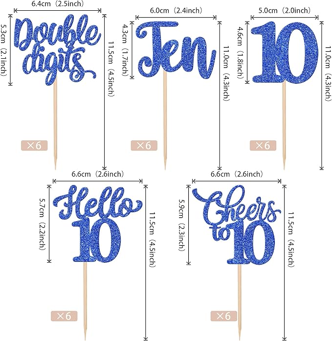 30PCS Happy 10th Birthday Cupcake Toppers Glitter Ten Double Digits Hello 10 Cupcake Picks Cheers to 10 Birthday Decorations for 10th Birthday Anniversary Party Cake Decorations Supplier Blue