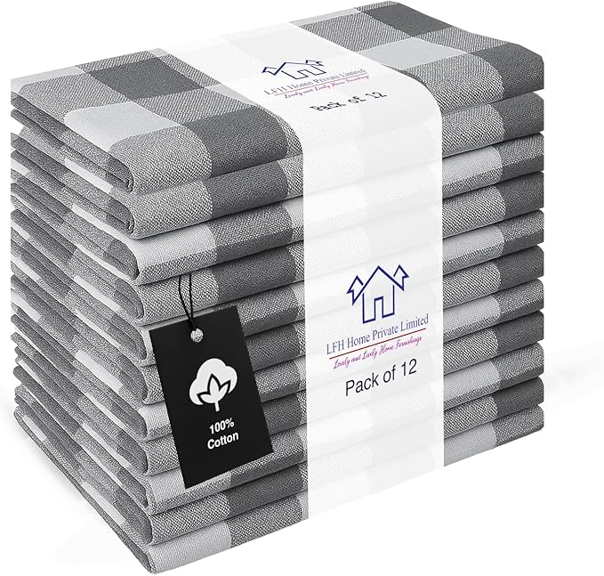 LFH Home 100% Cotton Cloth Reusable Dinner Napkins Set of 12 Washable Soft Decorative Buffalo Plaid Gingham and Checkered Table Napkins for Holidays Wedding Farmhouse Decor 18x18 Inch-Charcoal & White