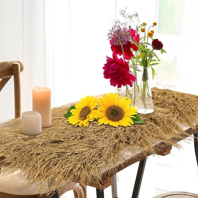 XLX TURF Faux Thatch Straw Table Runner 36 Inches Long, Yellow Hay Grass for Western Cowboy Party Decorations Halloween Nativity Table Centerpiece Tiki Mexican Jungle Birthday Home