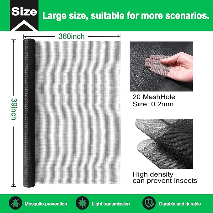 QWR Pet Proof Window Screen Replacement,39''x 360'' Heavy Duty High Hardness Vinyl Coated Wire-Like Mesh,Cat Resistant Screen Mesh for Sliding Screen Door,Patio,Windows(Rolled Package)