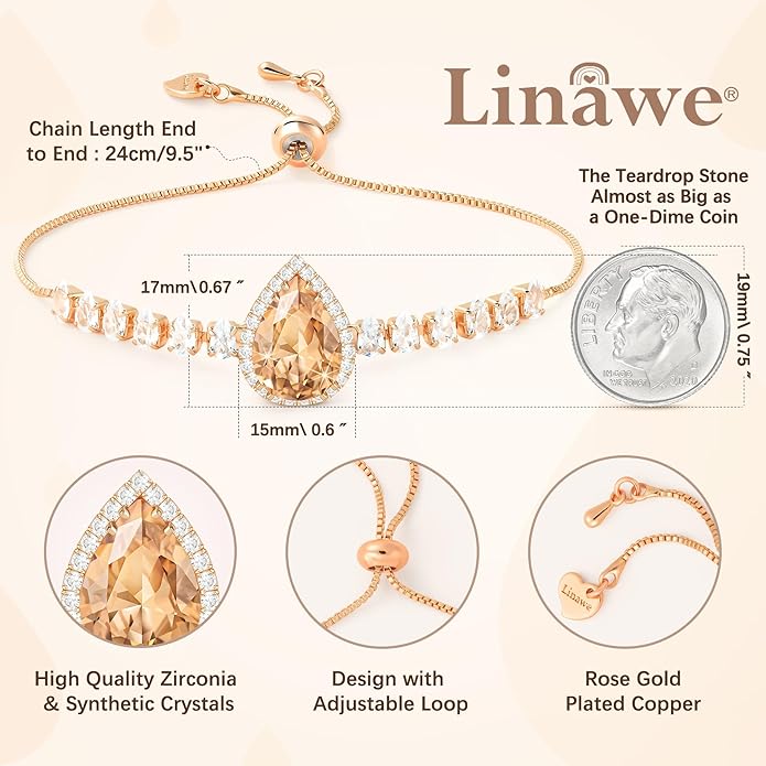 Linawe Crystal Imitation Diamond Rhinestone Charm Bracelets for Women, Gold/Silver/Rose Gold Adjustable Chain Bracelet, Teardrop Birthstone Cubic Zirconia Prom Costume Wedding Jewelry