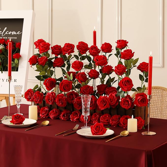 Tifuly 50pcs Red Roses in Bulk, Realistic Long Stem Fake Silk Roses Bouquet for Wedding Centerpiece Table Party Home Kitchen Decor