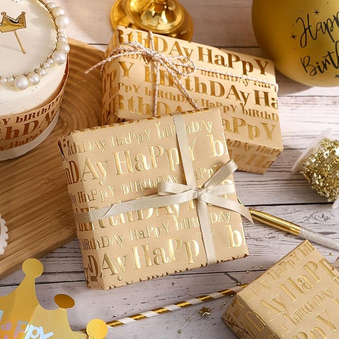 WRAPAHOLIC Jumbo 3D Kraft Birthday Wrapping Paper Roll - 30 Inch x 16.5 Feet - Gold and Brown Happy Birthday Wrapping Paper with Embossed Perfect for Holiday, Party Celebration
