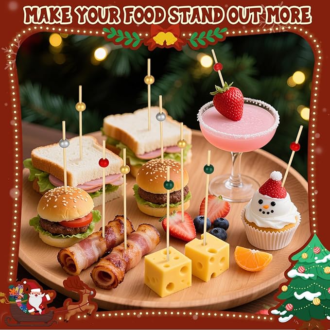 200PCS Christmas Cocktail Picks, Fancy Bamboo Toothpicks for Appetizers Drinks Food Fruit, 4.7 IN Wooden Pearl Skewers Charcuterie Sticks, Christmas Party Supplies Decorations (Red/Green/Gold/Silver)