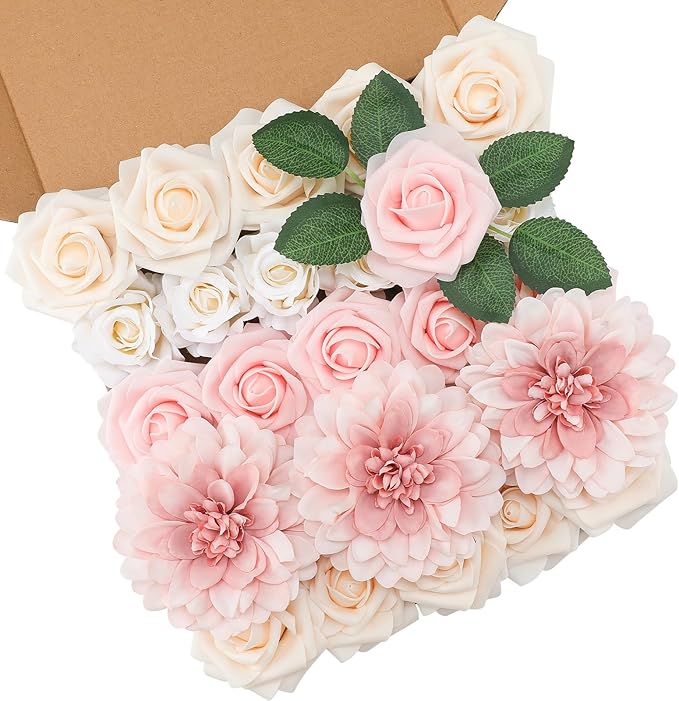 Floweroyal Artificial Pink Flowers Fake Rose Flowers Dahlia with Stems for DIY Wedding Bridal Bouquets, Baby Shower, Floral Arrangement, Table Centerpieces, Home Decorations.